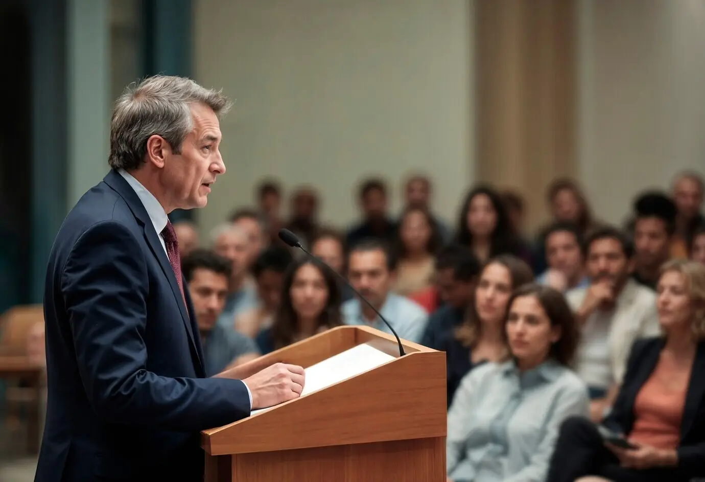 Мужчина произносит речь перед студентами.